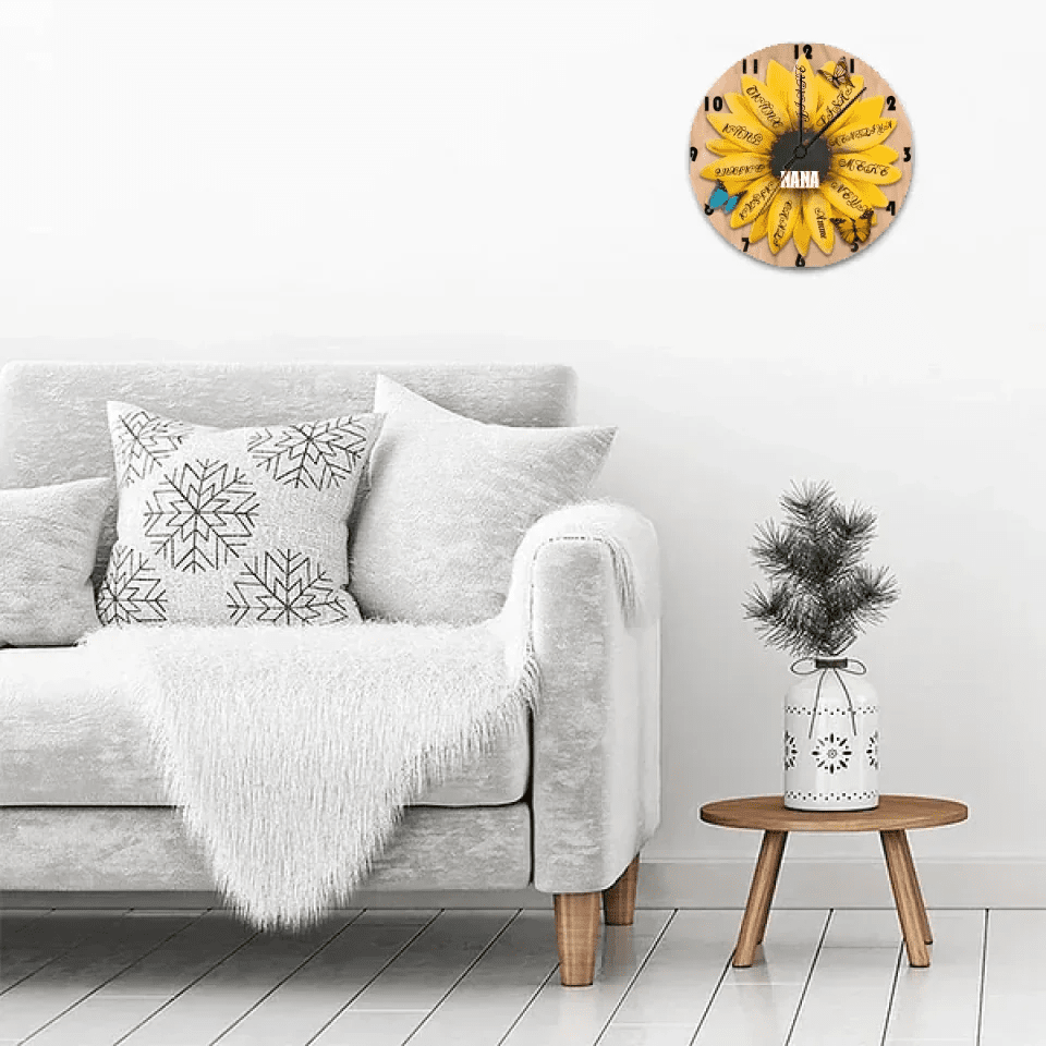 sunflower grandma and grandkids custom name wooden floral wall clock as a new home gift