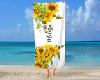 Sunflowers Personalized Beach Towel Cotton Polyester Summer Colors Beach Name Bridal Shower Gift Boho Wedding Honeymoon Gift Yellow Green 82040576 - DiyGiftly