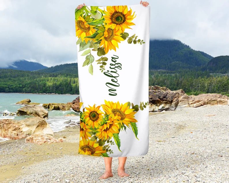 Sunflowers Personalized Beach Towel Cotton Polyester Summer Colors Beach Name Bridal Shower Gift Boho Wedding Honeymoon Gift Yellow Green 82040576 - DiyGiftly
