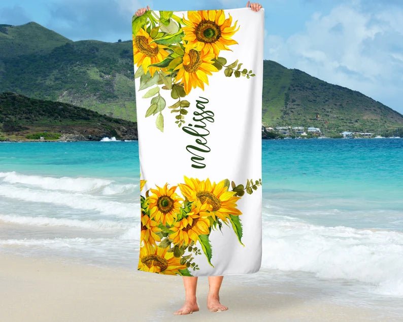 Sunflowers Personalized Beach Towel Cotton Polyester Summer Colors Beach Name Bridal Shower Gift Boho Wedding Honeymoon Gift Yellow Green 82040576 - DiyGiftly