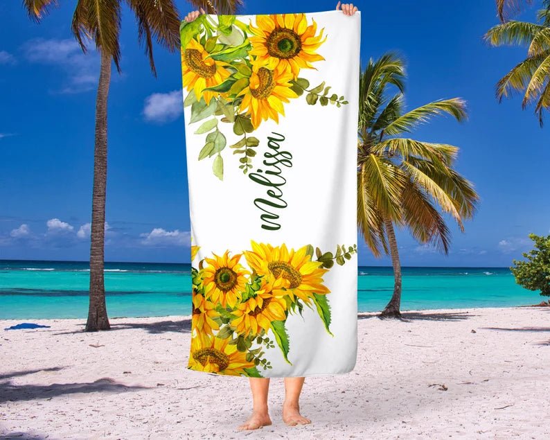 Sunflowers Personalized Beach Towel Cotton Polyester Summer Colors Beach Name Bridal Shower Gift Boho Wedding Honeymoon Gift Yellow Green 82040576 - DiyGiftly