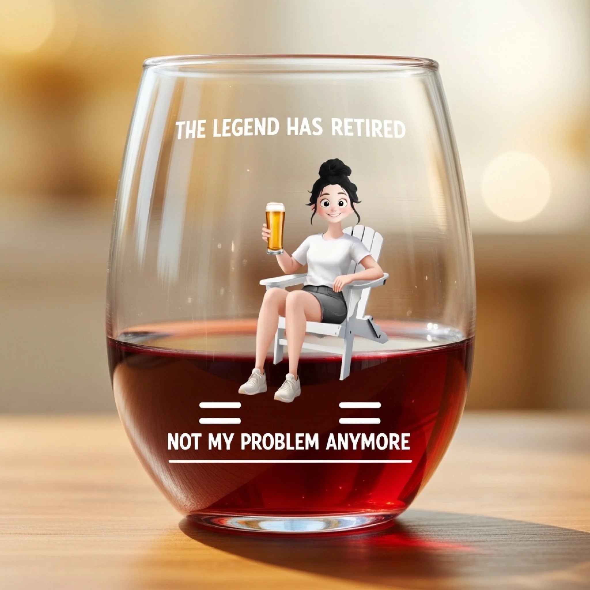 "The Legend Has Retired – Not My Problem Anymore" Personalized Stemless Wine Glass – Custom Retirement Gift for Women, Funny Stemless Wine Tumbler for Relaxing Evenings 1152591 - DiyGiftly