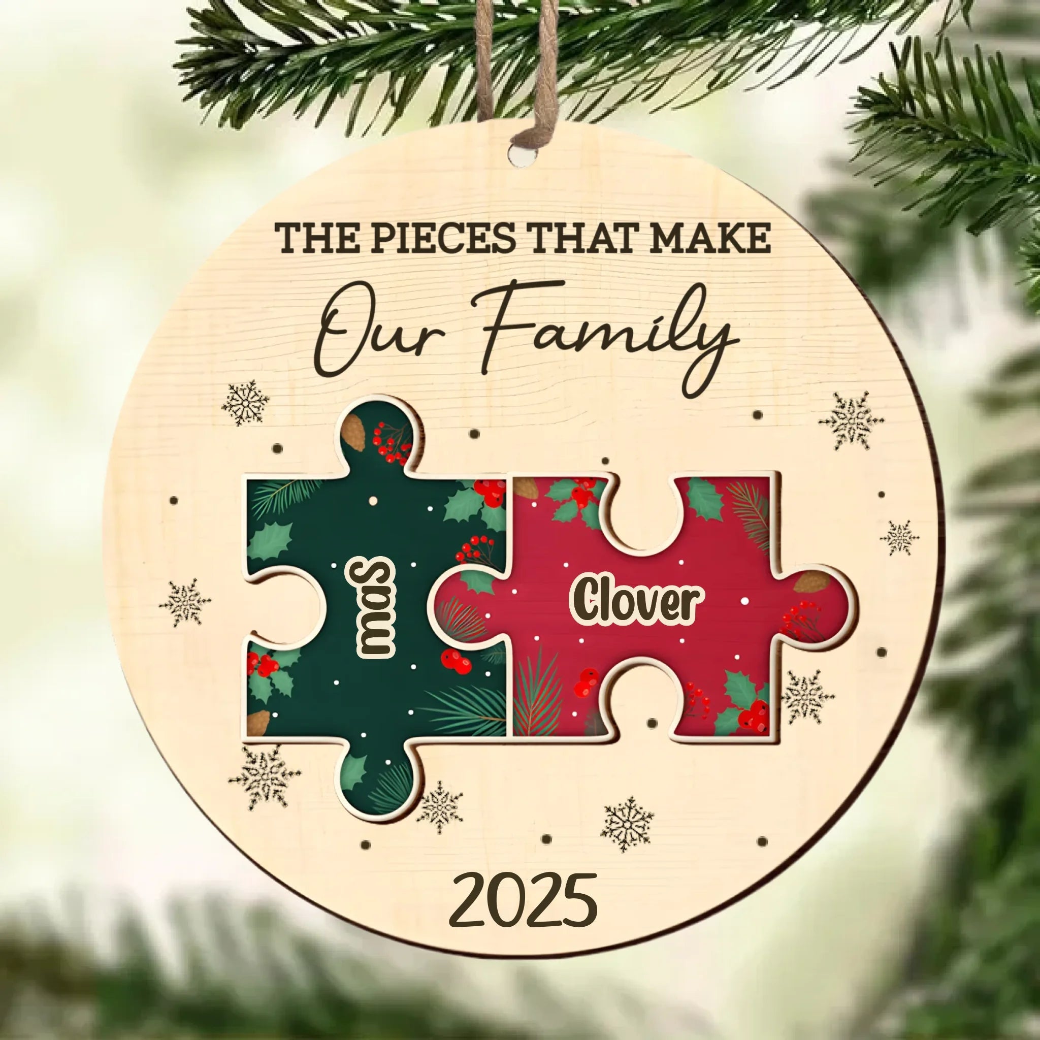 The Pieces That Make Our Family Puzzle – Personalized 2 - Layered Wooden Ornament – Custom Family Name Christmas Puzzle Ornament – Engraved Wood Keepsake Gift for Parents, Kids & Grandparents – Unique Holiday decor for Family Christmas Tree 1060672 - DiyGiftly
