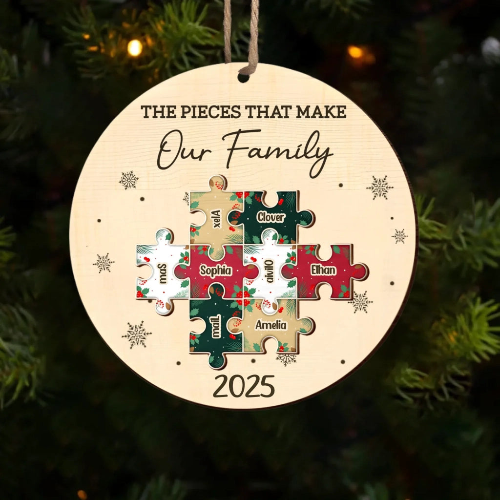 The Pieces That Make Our Family Puzzle – Personalized 2 - Layered Wooden Ornament – Custom Family Name Christmas Puzzle Ornament – Engraved Wood Keepsake Gift for Parents, Kids & Grandparents – Unique Holiday decor for Family Christmas Tree 1060672 - DiyGiftly