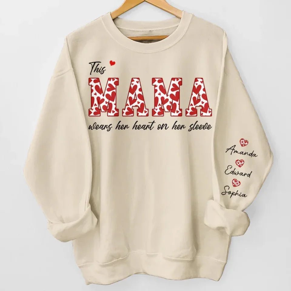This Mama Wears Her Heart On Her Sleeve - Family Personalized Custom Unisex Sweatshirt With Design On Sleeve - Birthday Gift For Mom, Grandma 686255 - DiyGiftly