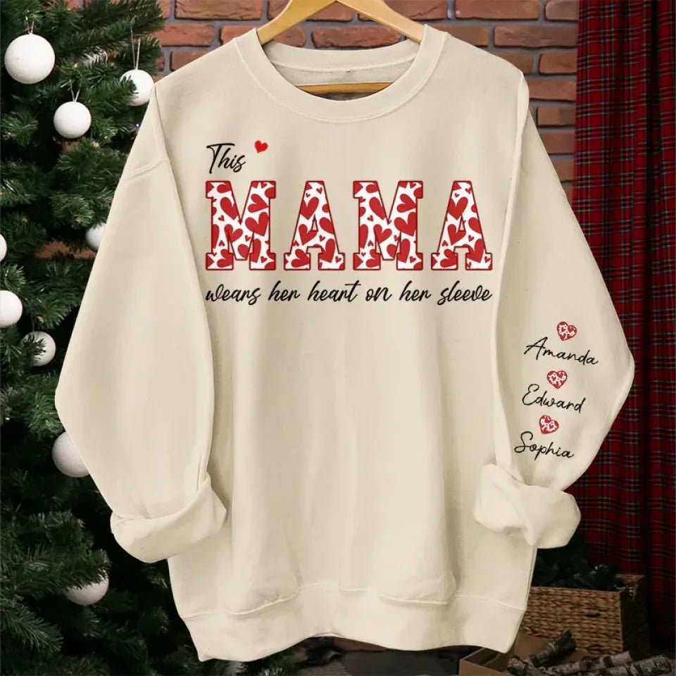 This Mama Wears Her Heart On Her Sleeve - Family Personalized Custom Unisex Sweatshirt With Design On Sleeve - Birthday Gift For Mom, Grandma 686255 - DiyGiftly