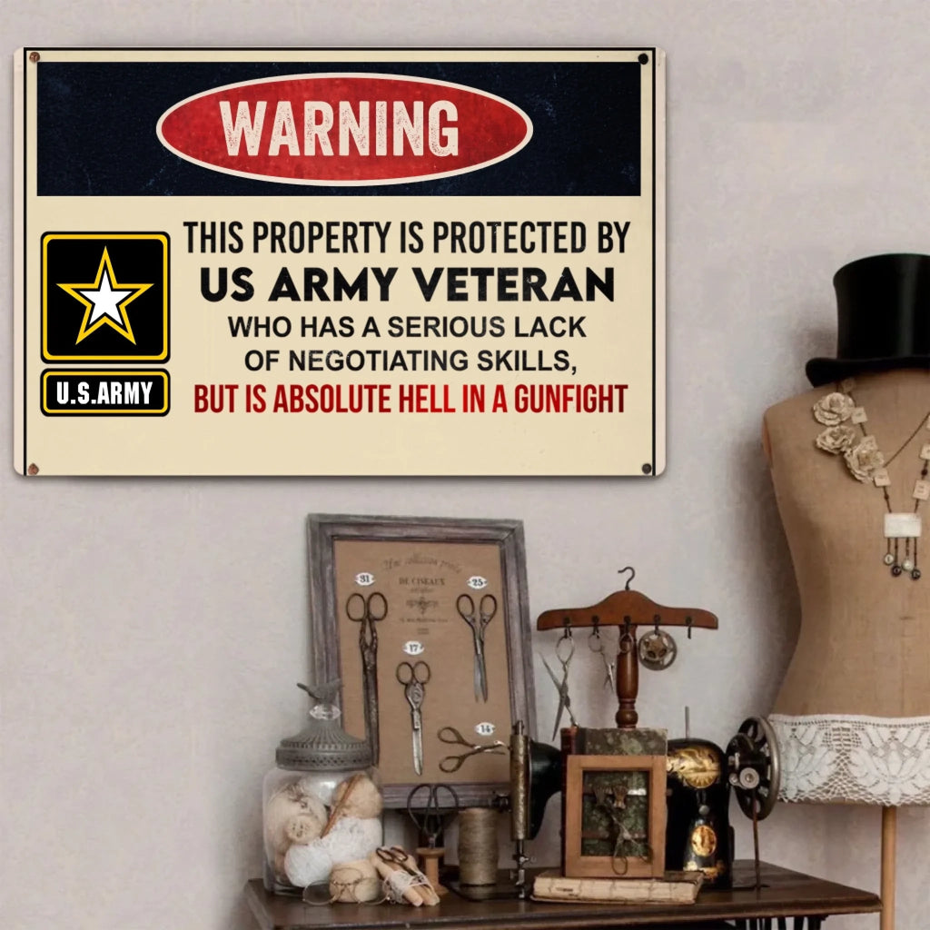 This property is protected by a Veteran - Gift for a Veteran - Personalised Custom Metal Sign 736921 - 737228 - DiyGiftly