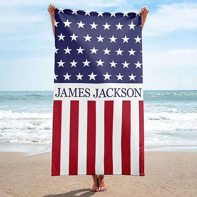 US Flag Personalized Beach Towel Personalized Name Bath Towel Custom Pool Towel Beach Towel With Name Outside Birthday Vacation Gift 75624448 - DiyGiftly