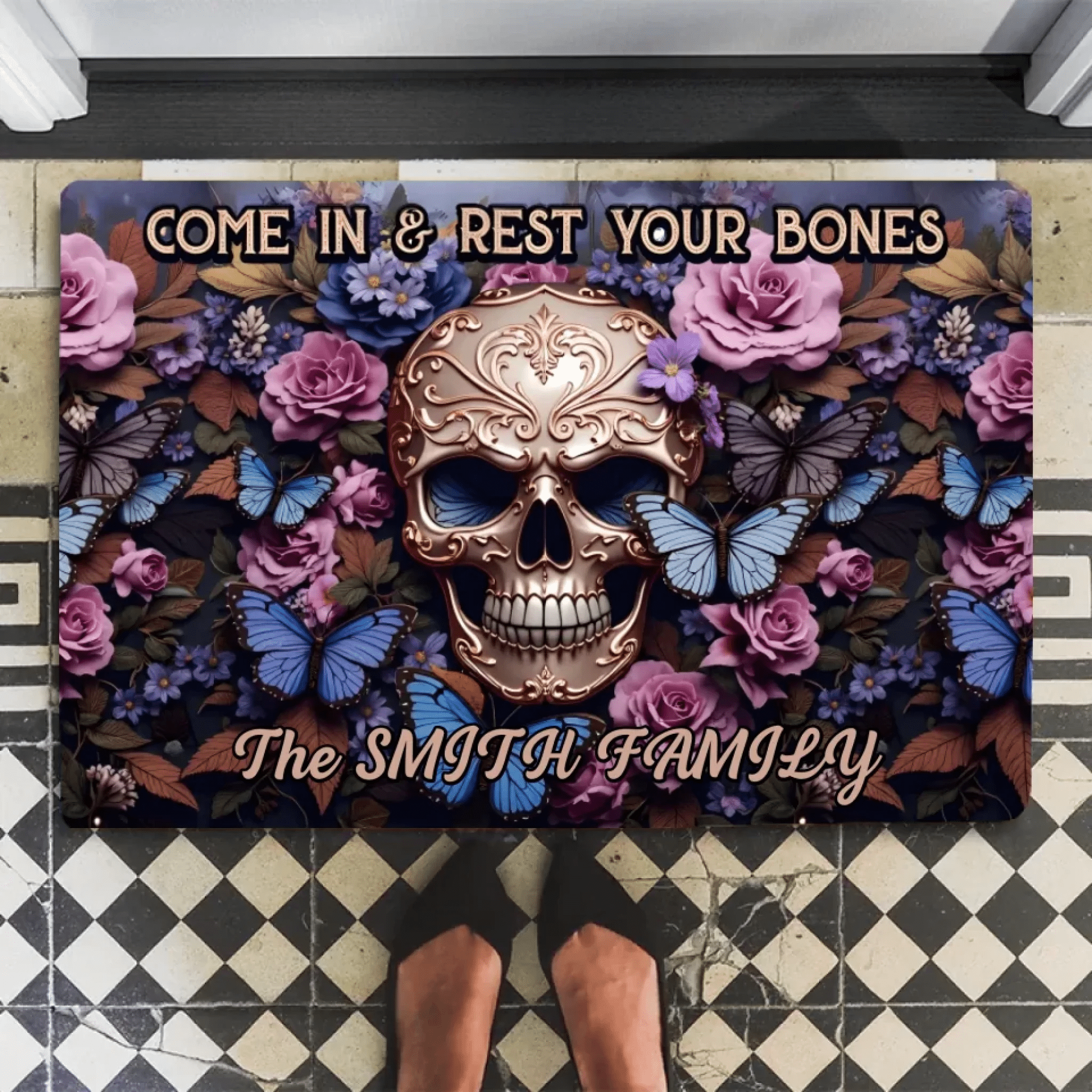 Welcome Come In & Rest Your Bones - Personalized Skull Doormat 748567 - DiyGiftly