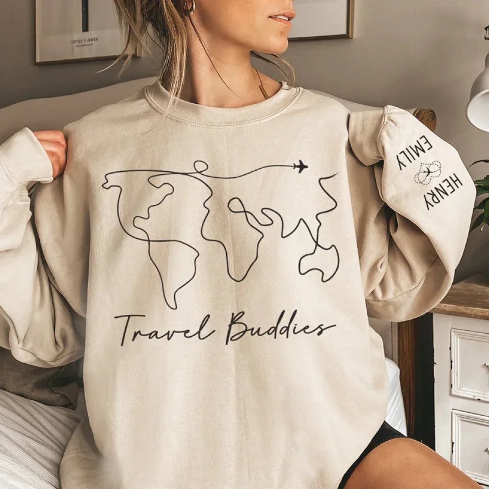 We're On The Vacay Mode - Couple Travel Personalized Custom Unisex Sweatshirt With Design On Sleeve - Holiday Vacation Gift, Gift For Adventure Travel Lovers, Husband Wife, Anniversary 637387 - 687412 - DiyGiftly