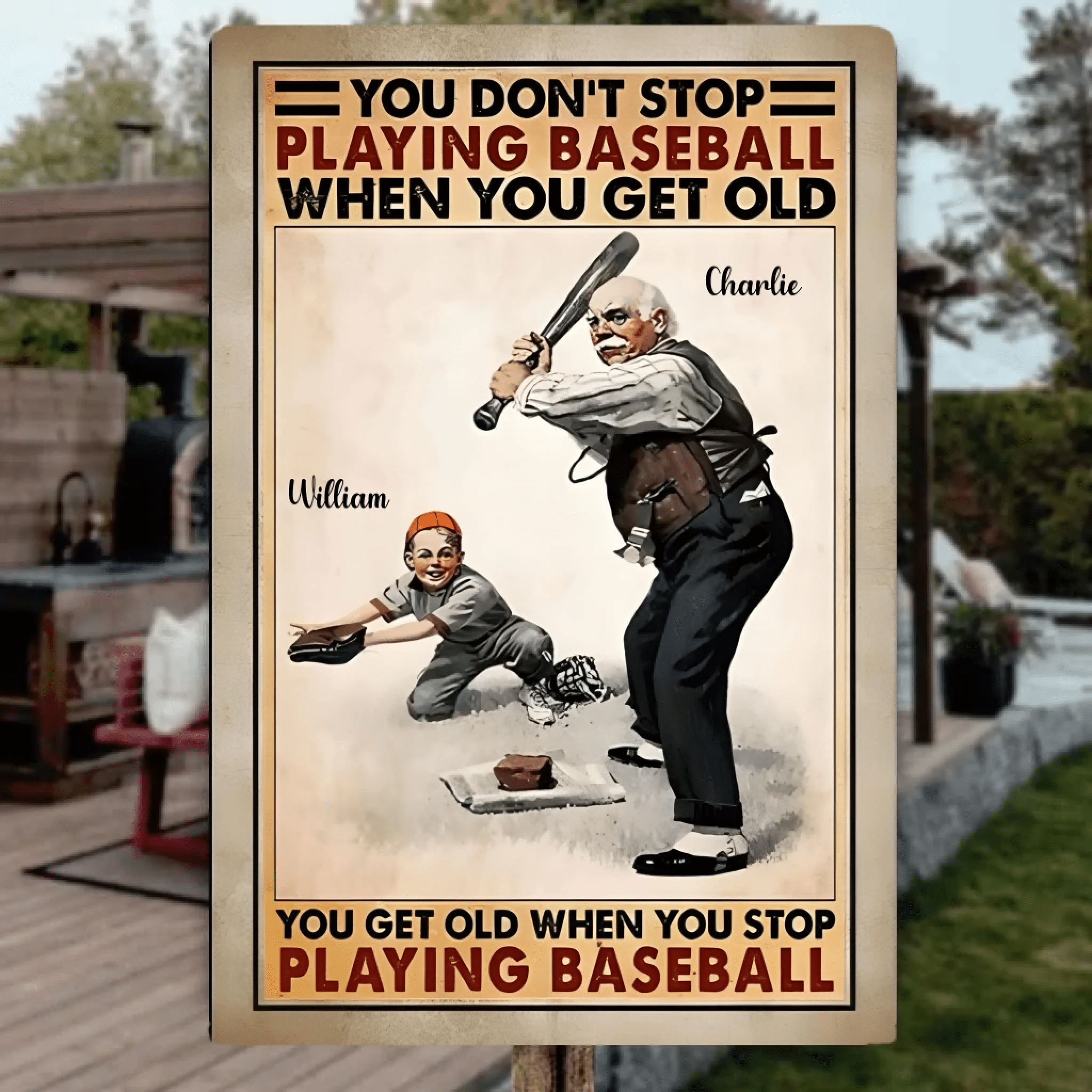 you dont stop playing baseball when you get old metal sign personalized names grandparents day gift