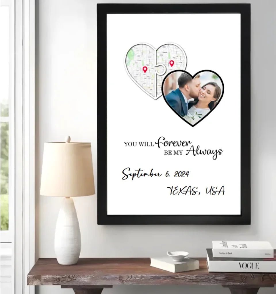 Personalized Photo Map and Text Wall Poster or Canvas Print long distance gift